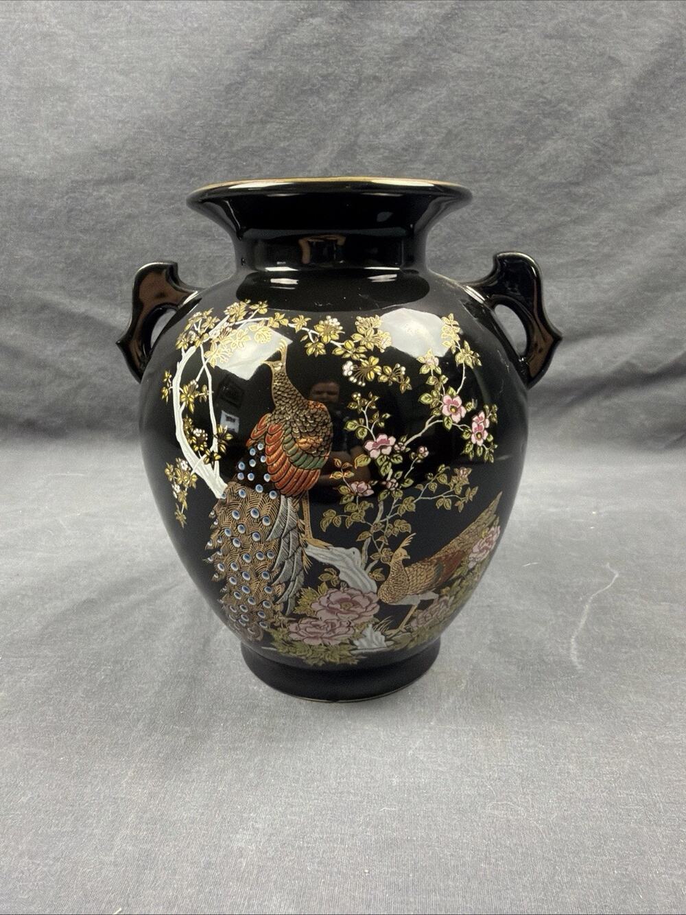 Vintage Japanese Porcelain Royal Blue Peacock Gold Gilt Double Handled Vase
